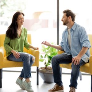 Woman and man talking
