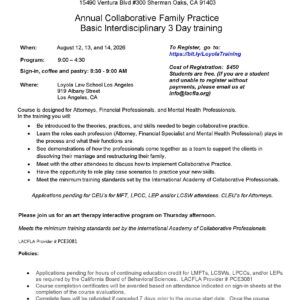 LACFLA logo with event title: Annual Collaborative Family Practice Basic Interdisciplinary 3 Day training flyer showing dates, location, and registration details at Loyola Law School Los Angeles.