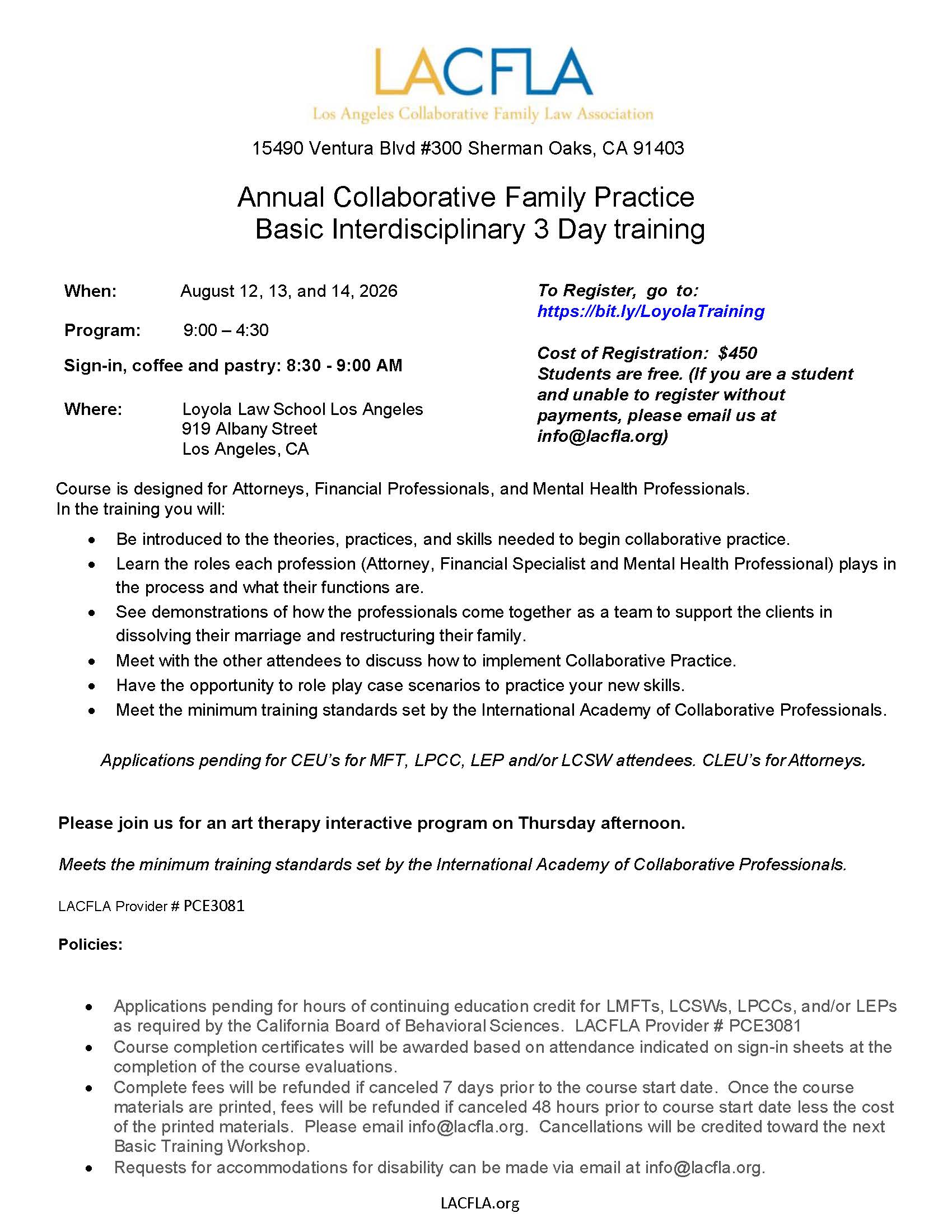 LACFLA logo with event title: Annual Collaborative Family Practice Basic Interdisciplinary 3 Day training flyer showing dates, location, and registration details at Loyola Law School Los Angeles.