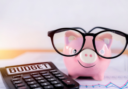 calculator saying budget with piggy bank wearing glasses